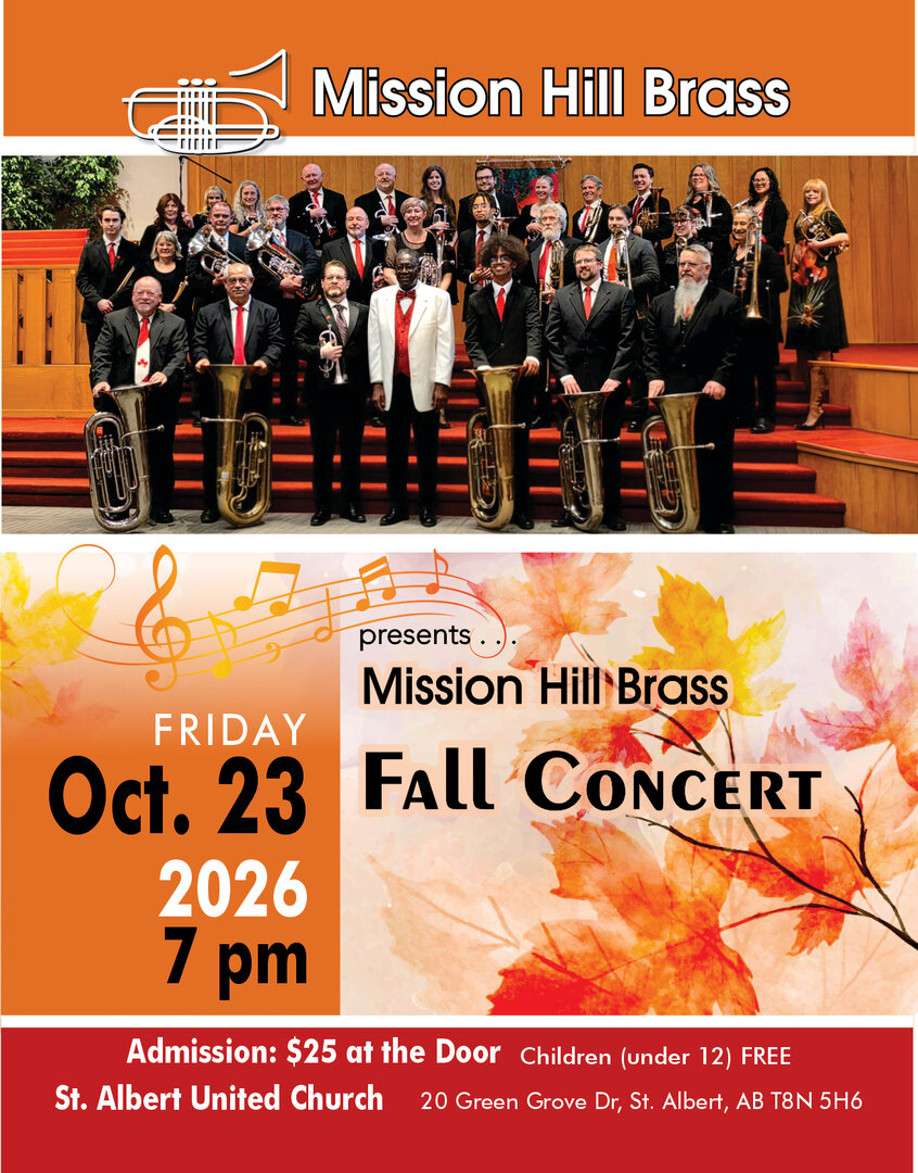 Mission Hill Brass Fall Concert poster: Friday, October 23, 2026 at 7 pm, St. Albert United Church, 20 Green Grove Drive. Admission $25 at the door; children under 12 free.